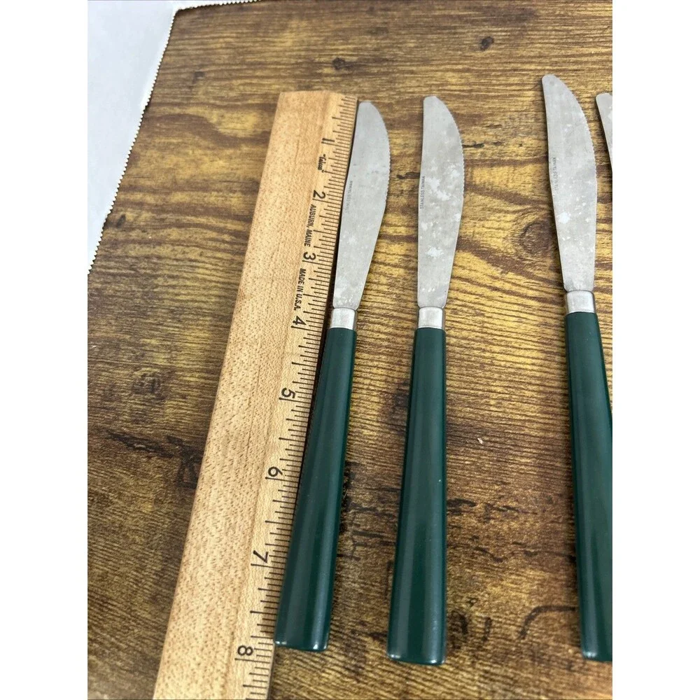 Vtg Flatware Set Green Handles Stainless Knives Forks Spoons Retro Taiwan 11pc